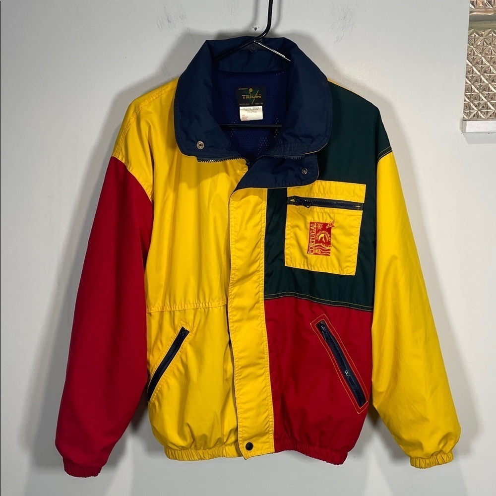 Vintage 90s Colorblock Windbreaker Jacket Red Yellow Green Men M - Picture 2 of 11